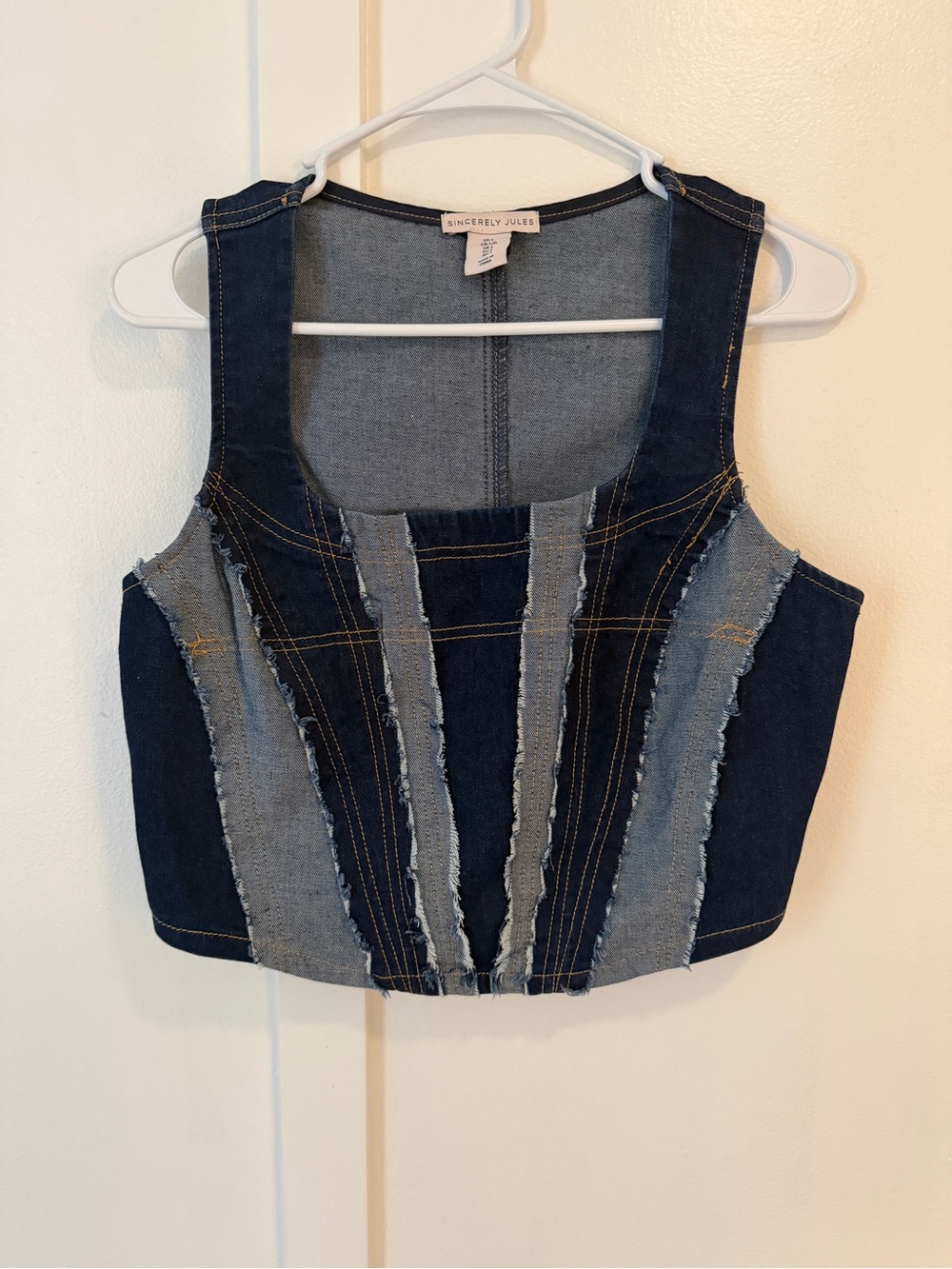 Sincerely Jules Two-Tone Dark & Light Blue Denim Cropped Tank
